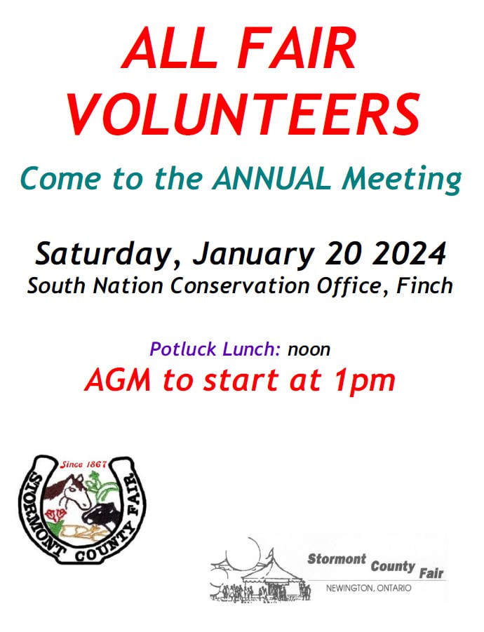 Annual Meeting, January 20, 2024 South Nation Conservation Office, Finch, Potluck lunch: noon, AGM to start at 1pm